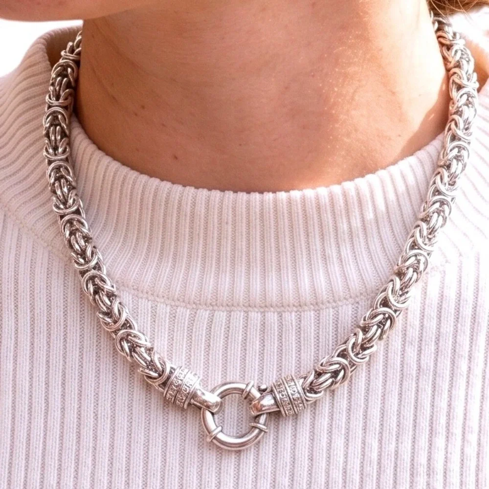 Silver Plated Byzantine Chain Necklace Chunky Rope Link Spring Ring Clasp 16